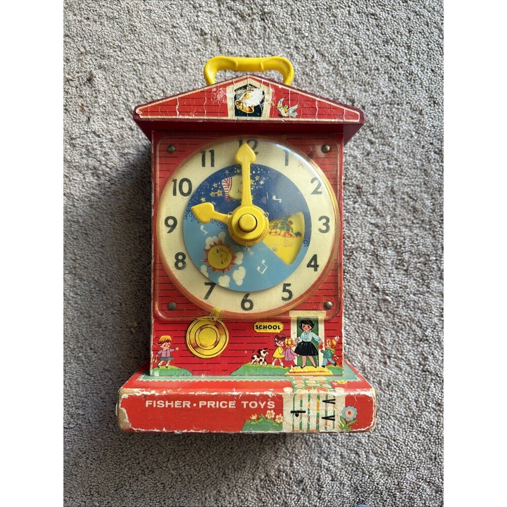 Vintage Fisher Price Teaching Clock 998 Music Box Works School Toy wood